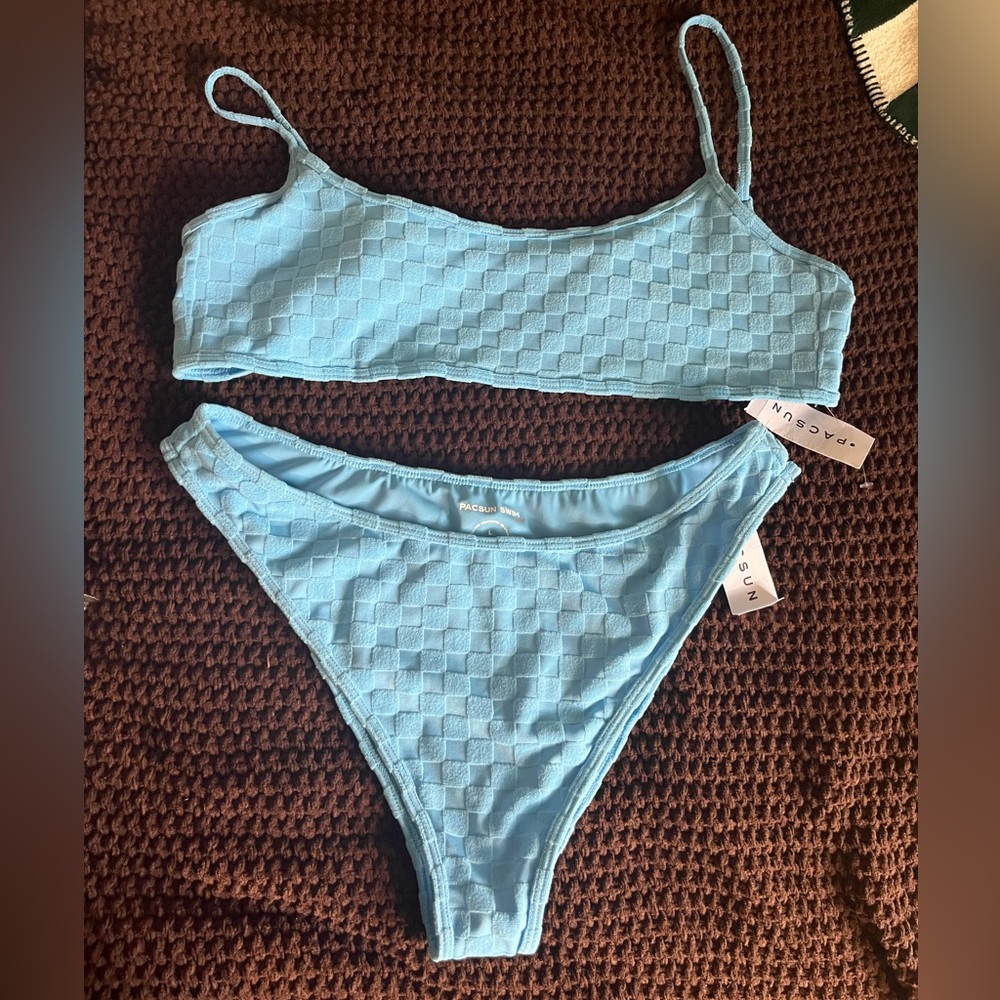 Blue checkered terry cloth PacSun Eco scoop neck bikini